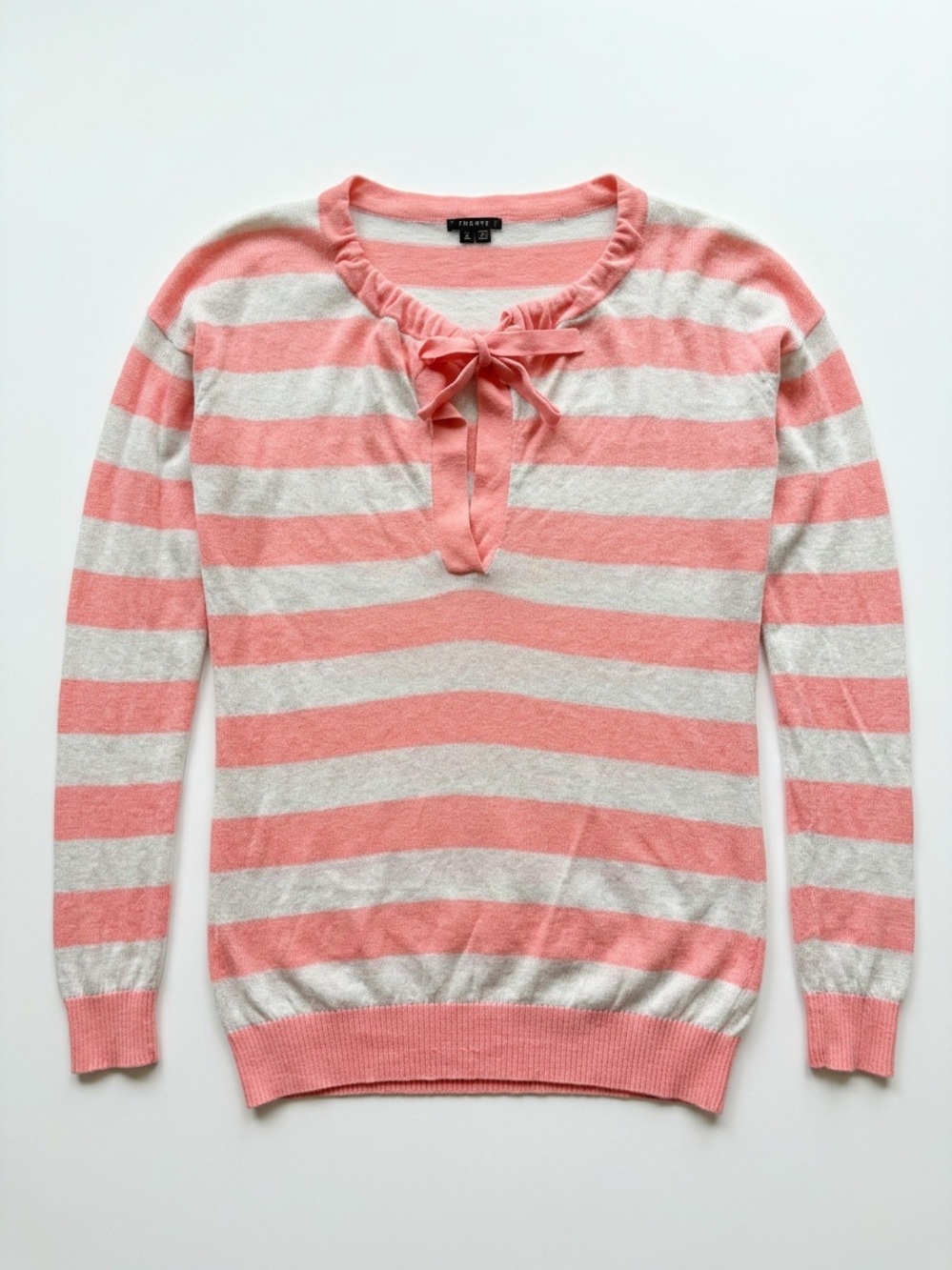 Theory Coral and Cream Striped Tie-Neck Sweater